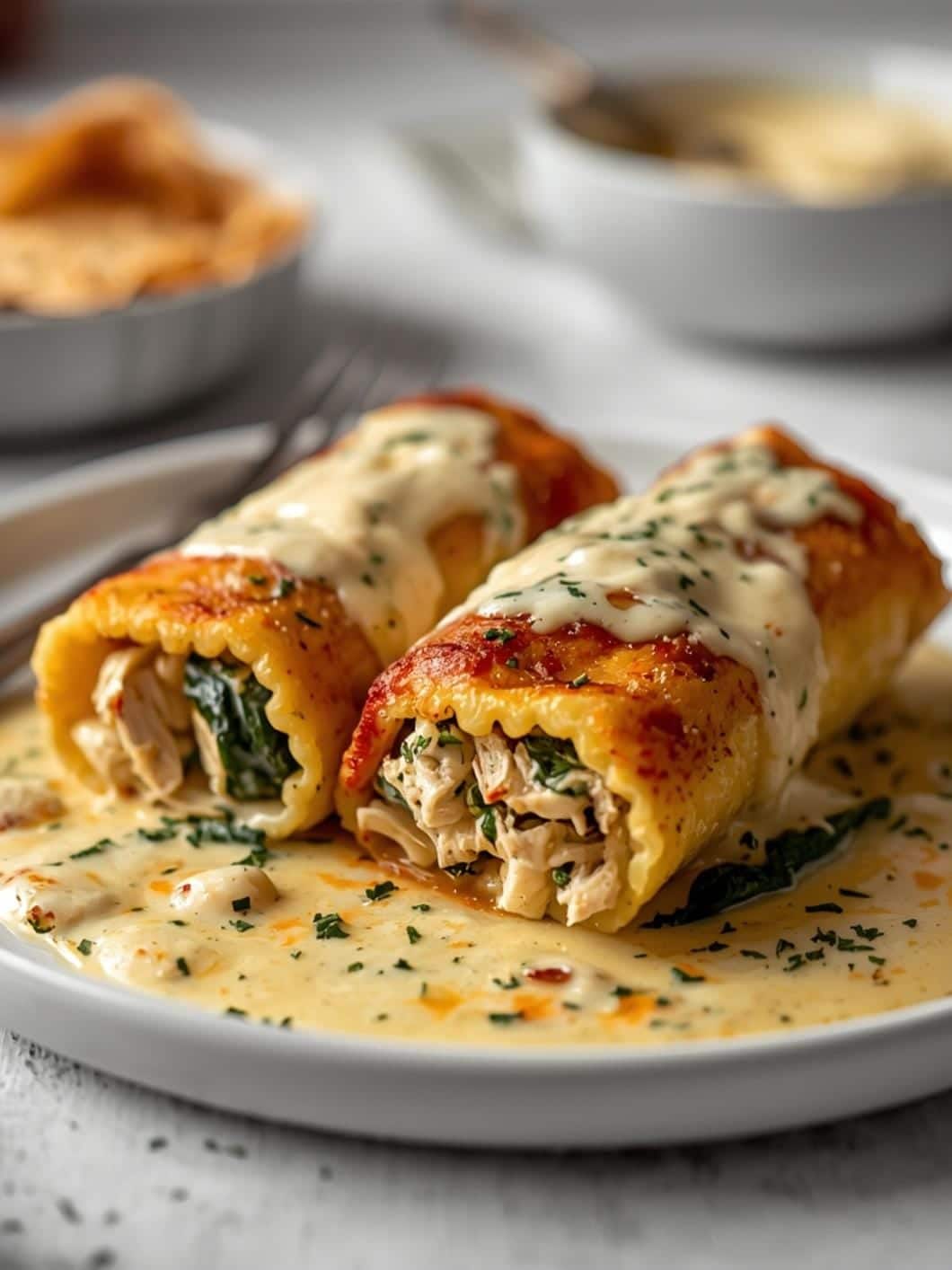 Creamy Chicken & Spinach Lasagna Roll-Ups with Alfredo Sauce