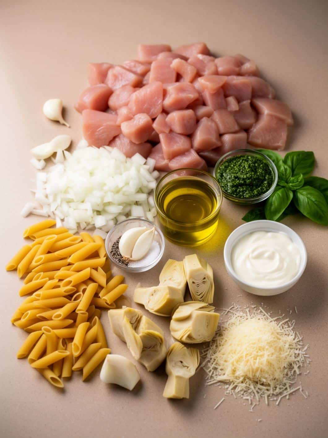 Creamy Pesto Chicken Pasta with Artichokes