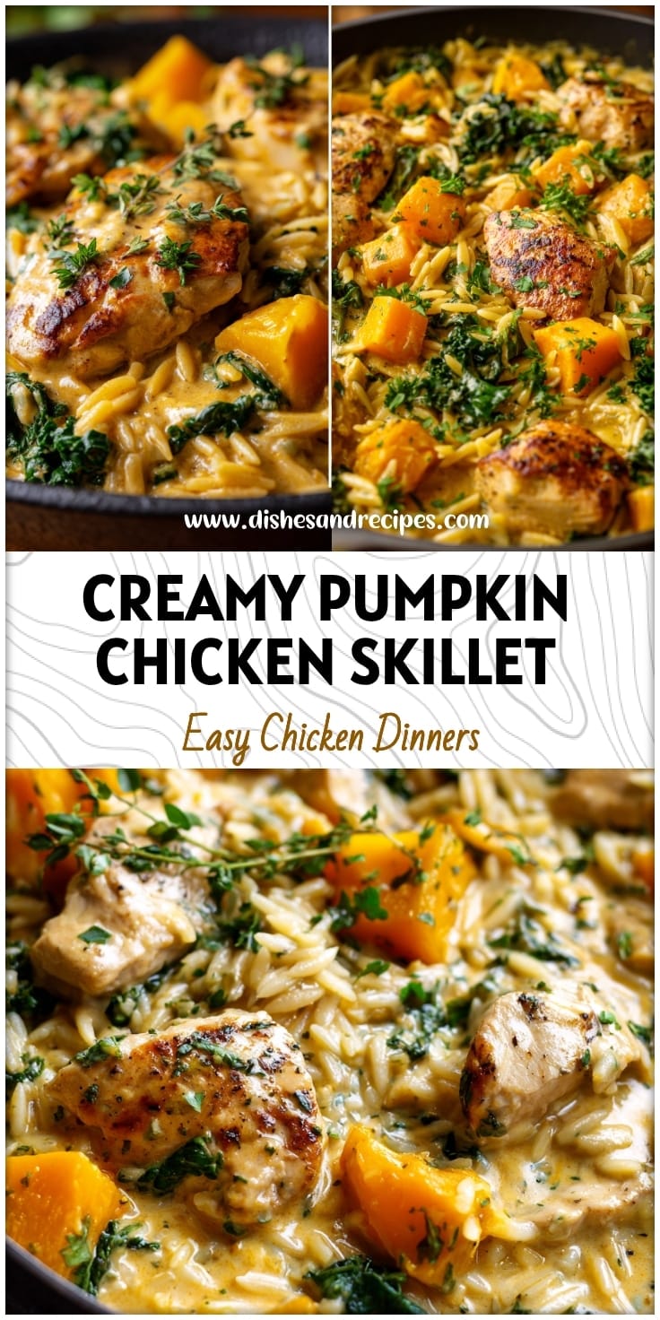 Creamy Pumpkin Chicken Skillet with Butternut Squash & Kale Orzo