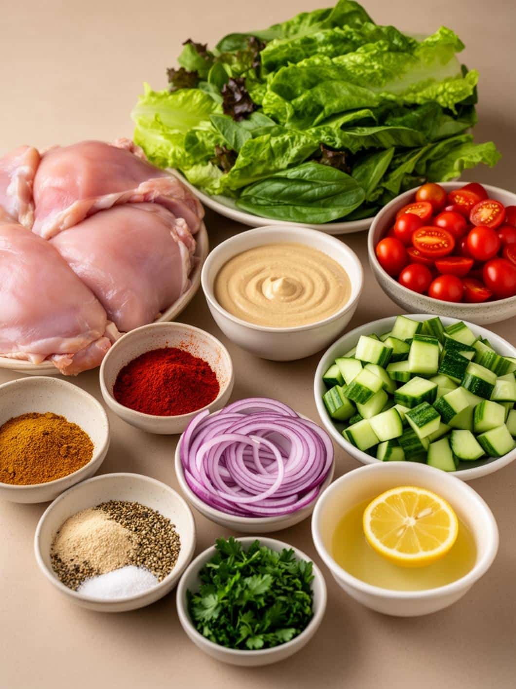 Healthy Chicken Shawarma Salad Bowls with Lemon Tahini Dressing