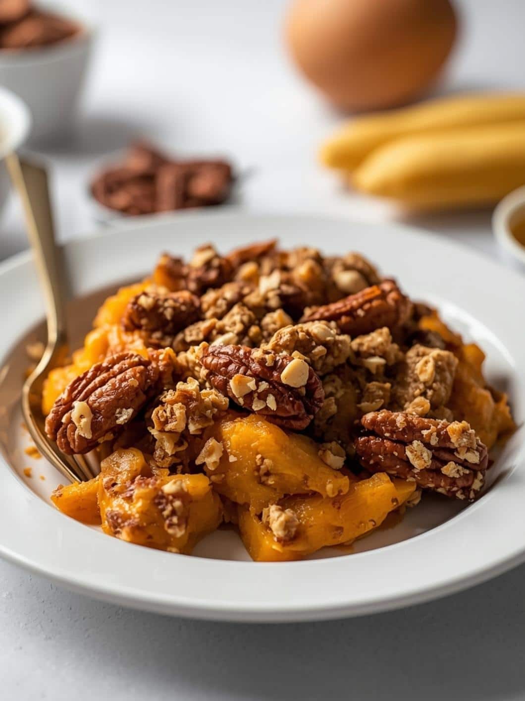 Light Sweet Potato Casserole with Pecan Crumble Topping